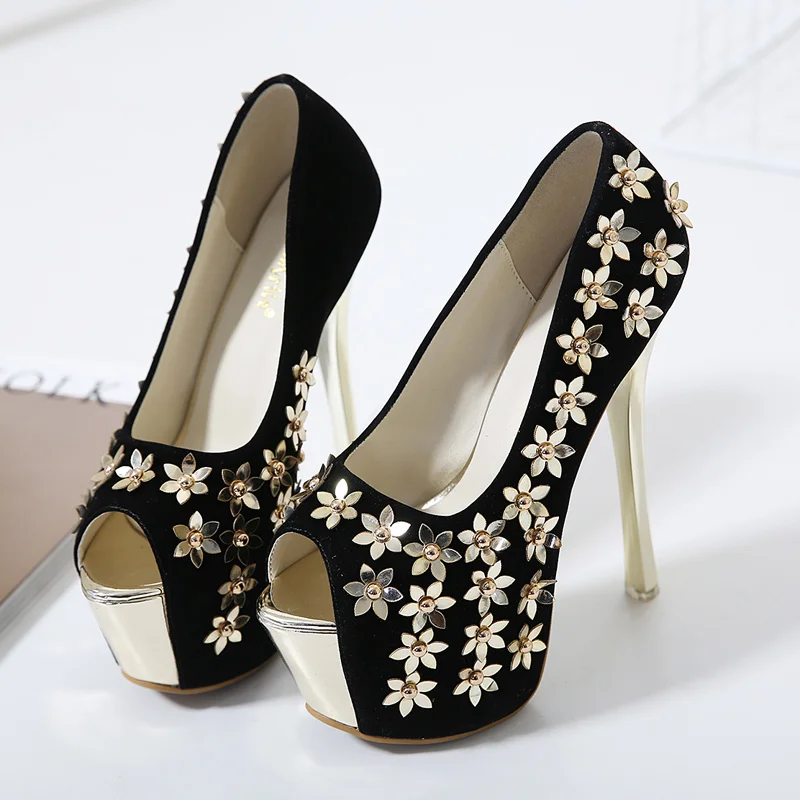 2017 Summer Sexy Girl Metal Lovely Flower PU Faux Suede Platform Thin High Heels Women Sandals