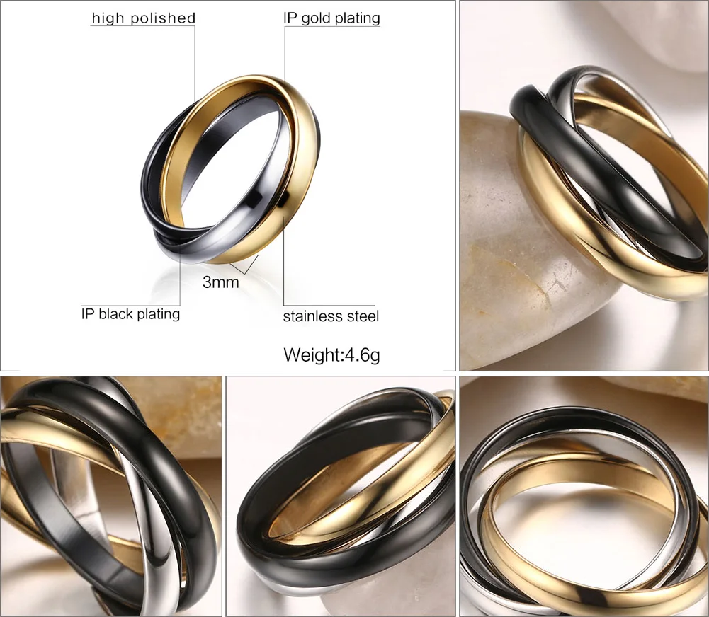 Кольца из нержавеющей стали три цвета тройной переплетенный прокатки классические кольца наборы для женщин Свадебные помолвки женские украшения для пальцев