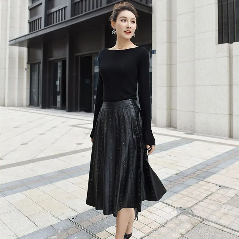 Pele de Carneiro Luxo Couro Genuíno Midi Saia Feminina ol Estilo Streetwear Plissada Cor Sólida Vintage Rebite A-line 2021 2 High Quality Moda Feminina