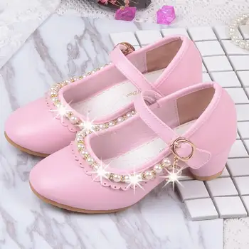 

Children Elegant Princess Sandals Kids Girls Wedding PU Leather Shoes High Heels Dress Party Beaded Shoes For Girls Pink White