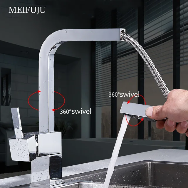 Special Price MEIFUJU Square Brass Kitchen Faucets Pull Out Single Handle Kitchen Faucet Mixer Pull Out Nickel Brushed Mixer Sink Chrome Tap