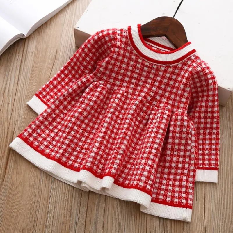

2019 Baby Girl Clothes Autumn Winter New Girls Long-Sleeved Plaid Dress Girls Cute Cotton Knit Sweater Dresses