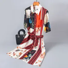 Silk Dress Summer Women 2019 New Turn Down Collar Short Sleeves Single Breasted Slim Belted Waistbow Printed Shirt Dress S-XL pocket design letter printed turn down collar short sleeves shirt for men