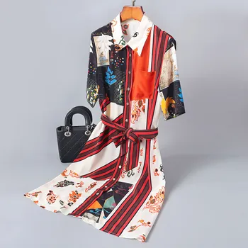 

Silk Dress Summer Women 2020 New Turn Down Collar Short Sleeves Single Breasted Slim Belted Waistbow Printed Shirt Dress S-XL