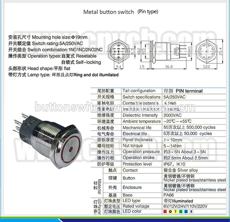 1926 19mm Flat round head momentary or latching pin terminal ring and dot lamp waterproof switch 3v