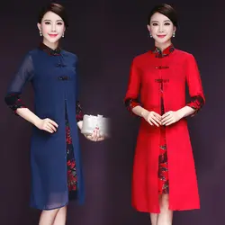 Красивый! 2018 Бесплатная доставка Осень новое платье элегантный ретро печатных китайский женский халат со стоячим воротником, с цветочным