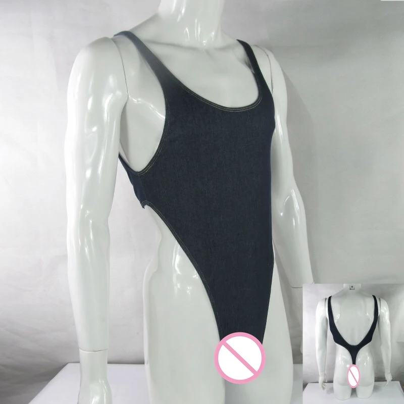 Mens Thong Bodysuit Stretch High Cut deep U Back Denim Knit Spandexin