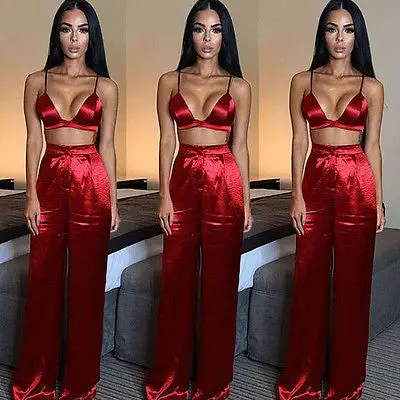

Fashion Sexy Women Sleeveless Spaghetti Strap Backless Short Camis and Loose High Waist Wide Leg Long Pants Palazzo Trousers