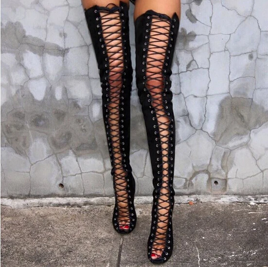 New Women thigh high boots Open Toe Sexy Black Suede Lace Up Gladiator High Heels Shoes Woman Sandals Leather Boots for Women