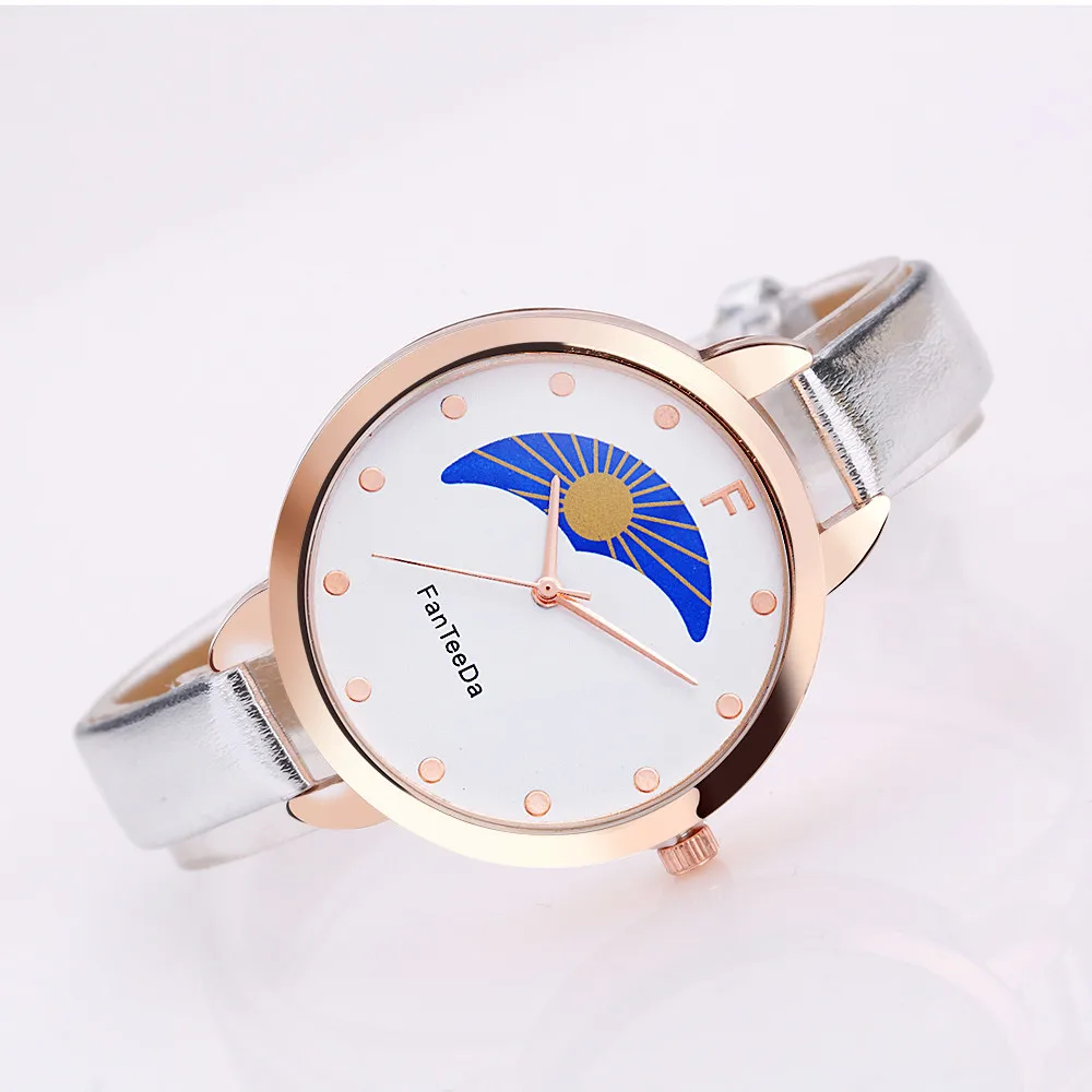 FanTeeDa relogio feminino Sun and moon Alloy Analog Leather Band Quartz Wrist Watch women Clock Casual Round kadin saat mujerB40