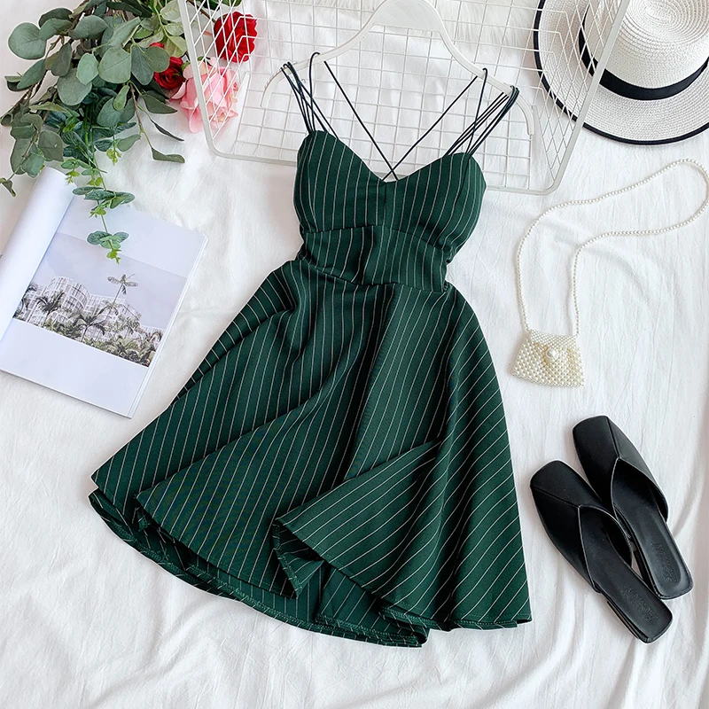 

2019 new fashion women's Dress retro striped V-neck seaside dresses summer