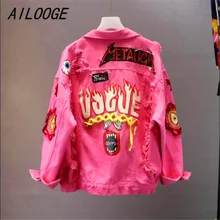 AILOOGE граффити печати джинсовая куртка в стиле панк-рок розовый отверстия джинсовая куртка осень jaqueta рот Рваные джинсы контакты пальто