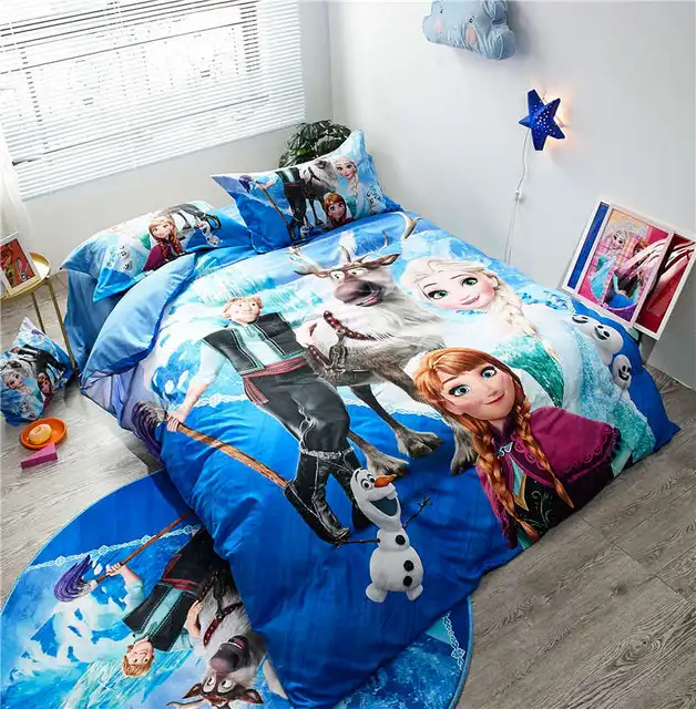Disney Cartoon Frozen Print Comforter Bedding Set Queen Size 3 4pcs Blue Alsa Anna Princess