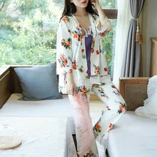 Трех частей пижамы Женская обувь Для женщин Ночная рубашка хлопок ремень пижамы для Для женщин пижамы Пижамы для девочек