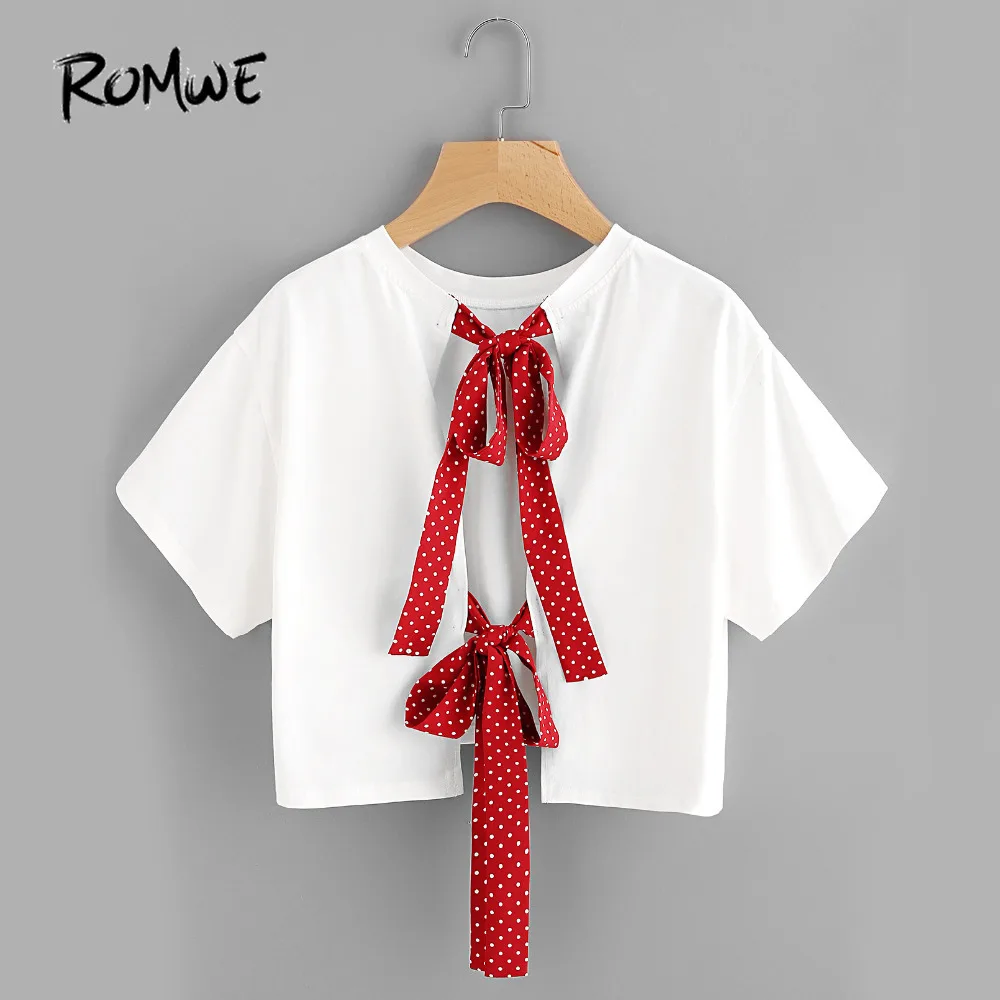 

ROMWE Bow Tie Split Back Crop Top Polka Dot Strap Cute Tee Shirt Women White Sweet Tops O Neck Casual Ladies Cotton T-Shirt