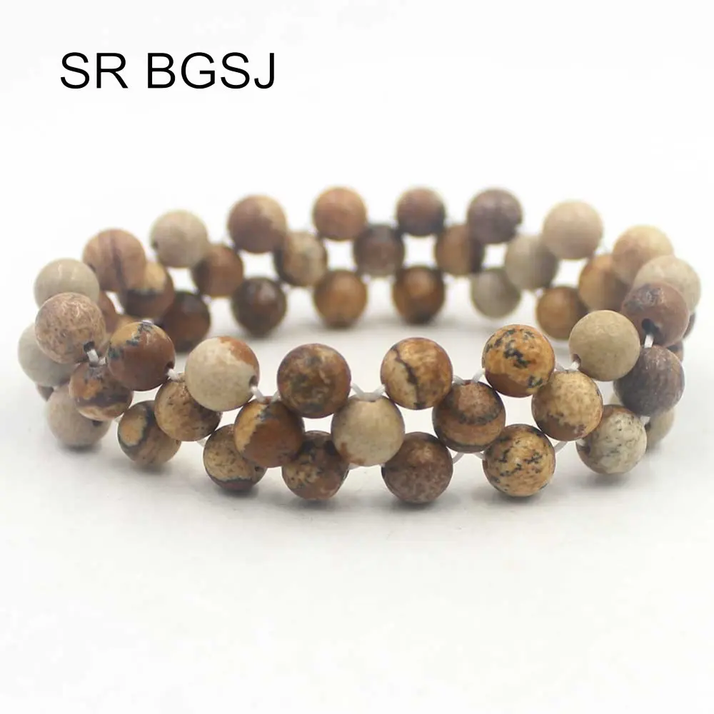 26 Picture Jasper Виды драгоценных камней 6 мм ручной работы тканый круглый натуральный камень Регулируемый стрейч модный браслет 7" - Окраска металла: 26 Picture Jasper
