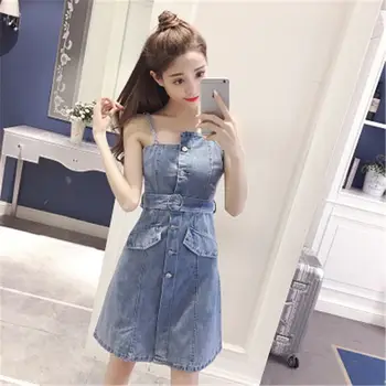 

Women 2019 Summer Solid Denim Strap Mini Dress Female Slash Neck Asymmetry Cowboy Dresses Lady Button Decorate Slim Vestido Z385