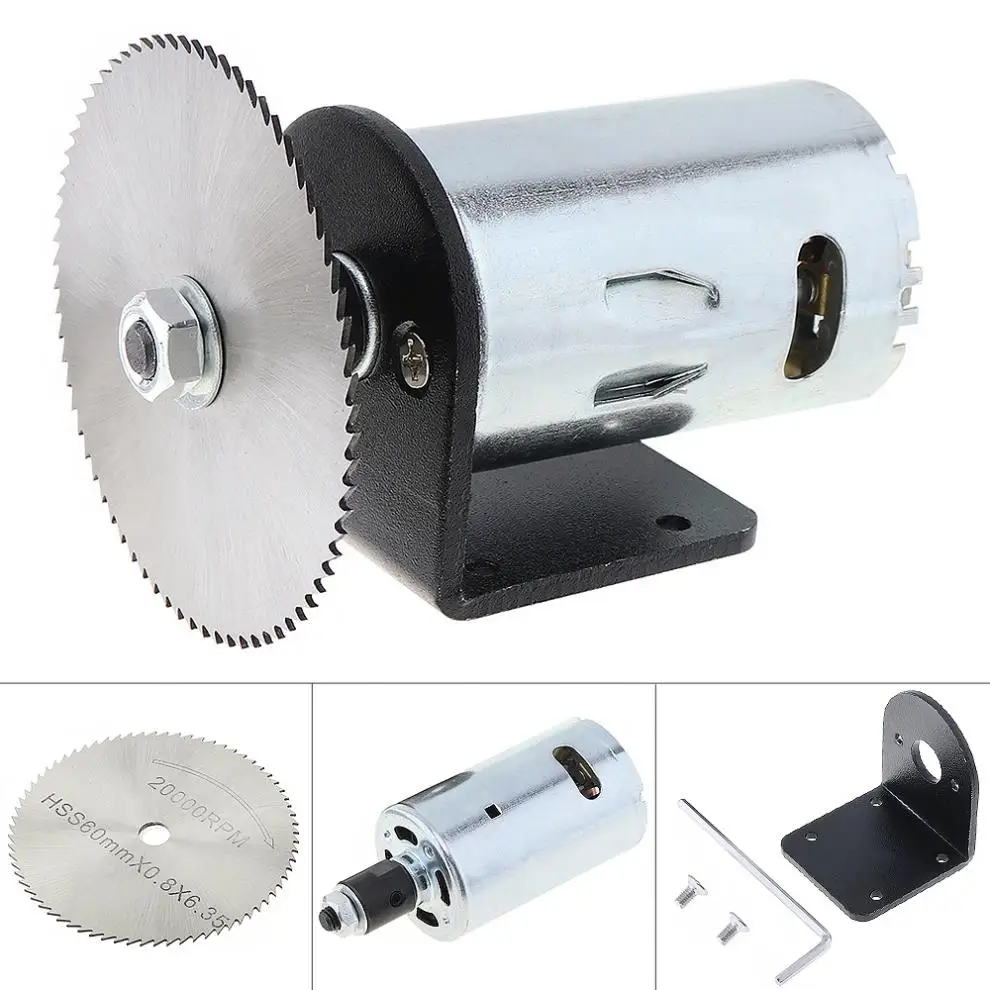 Gravura do Woodworking Kit de Serra de Mesa do Motor da Engrenagem com Suporte de Montagem do Rolamento de Esferas e 60mm Viu a Lâmina para o Corte Montagem do Rolamento Esferas e 60mm – 24 v 555 de