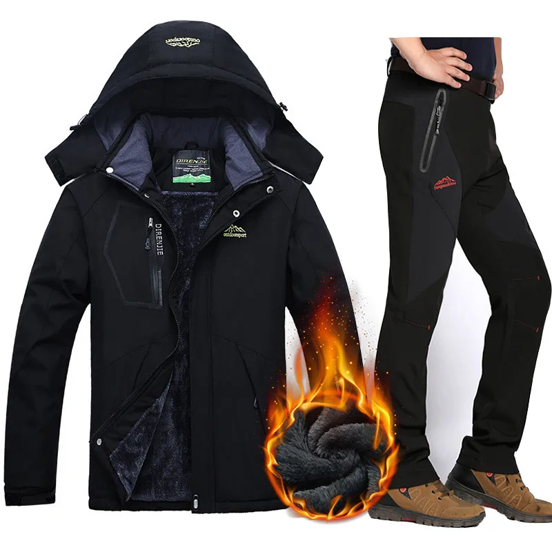 Лыжные костюмы для мужчин, водонепроницаемая флисовая зимняя куртка, брюки, термо лыжные куртки для мужчин, уличная одежда для горного сноуборда, комплект размера плюс - Цвет: Pure black   Black