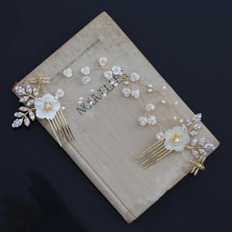 

2019 New Design Gold Pearl Hair Jewelry Handmade Crystal Flower Headband Wedding Tiara Hair Combs Headpiece Bridal Accessories