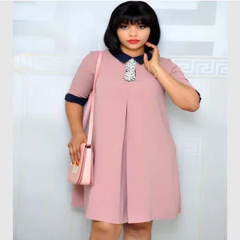 

African Clothes 2019 Beading Dress Women High Quality Office Lady Pink Short Sleeve Black Turn-down Collar Bodycon Plus Size