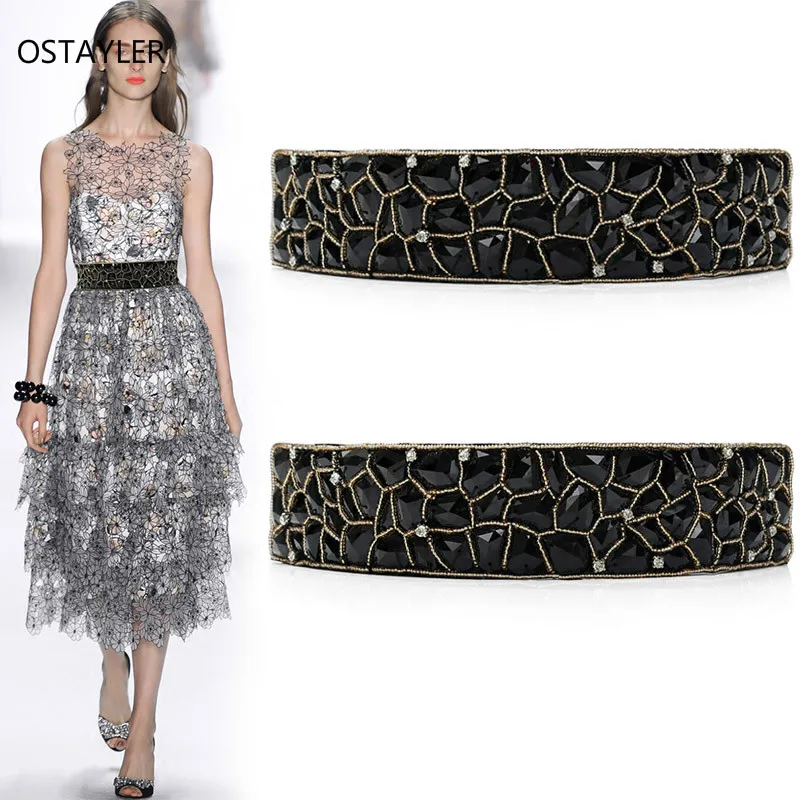 

2018 Handamde Black Crystal Bead Women Belt 5Cm Wide Elastic Waistband Elegant Women Luxury Rhinestone Dress Belts Corset New