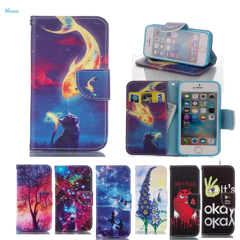 Howanni Colourful painted Leather Phone Case For Apple iphone 5 5S SE 4.0" Flip Card Holder Back Cover | Мобильные телефоны и