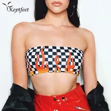 Летние стили панк-рок хараджуку сексуальный спортивный бюстгальтер черно-белый клетчатый контрастный цвет пламя укороченный короткий тонкий без бретелек укороченный топ