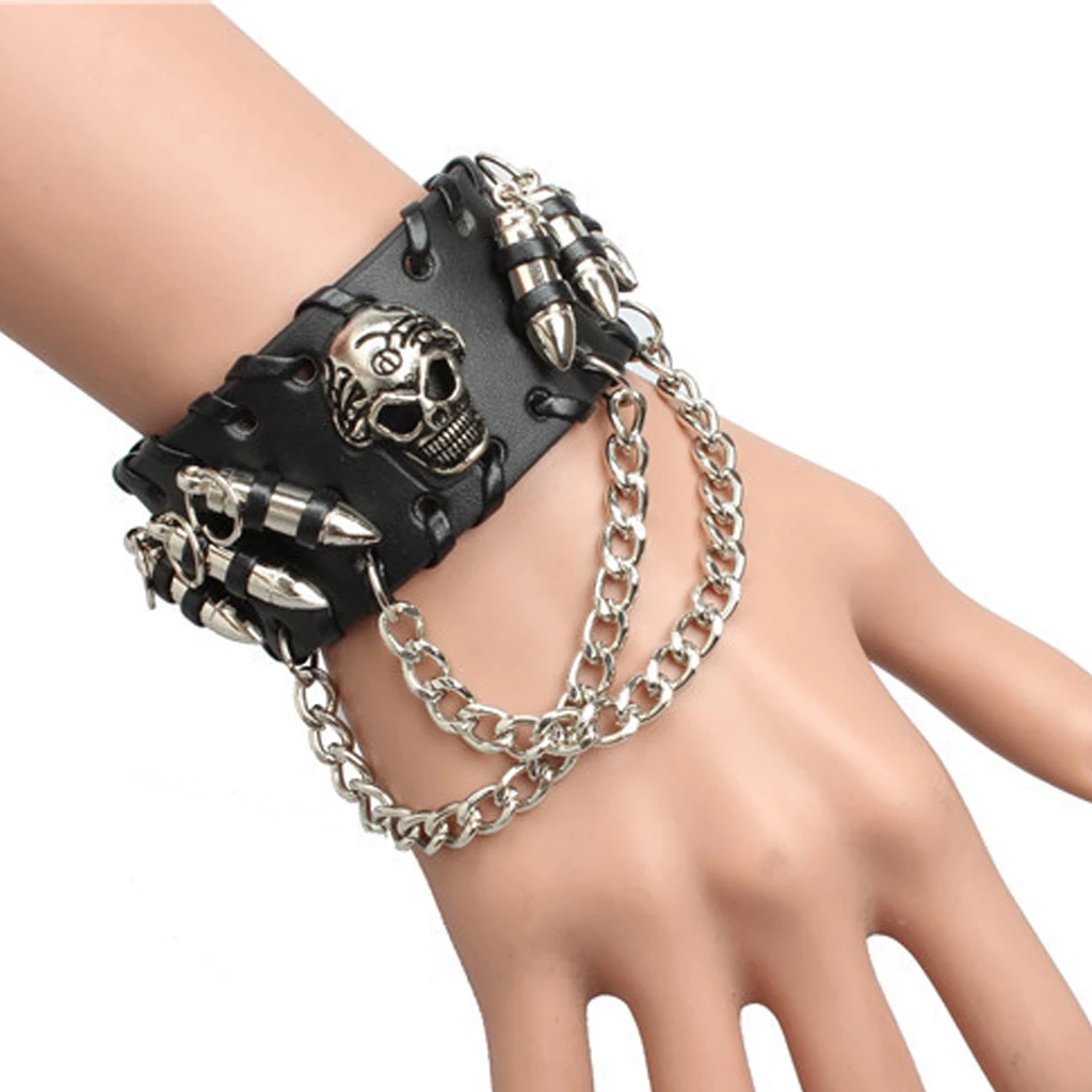 Punk Style Braclets for Men Women Black PU Leather Bangle Punk Skeleton Skull Wristband Bracelets Metal Chain