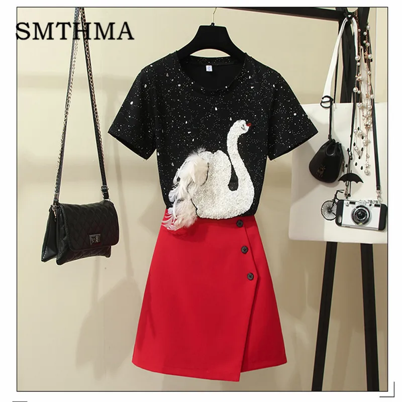 

SMTHMA plus size for women 3xl 4xl 5xl Feather Sequins Short Sleeve Black T-Shirt+Red Skirts 2 Pieces Clothing Set Suits