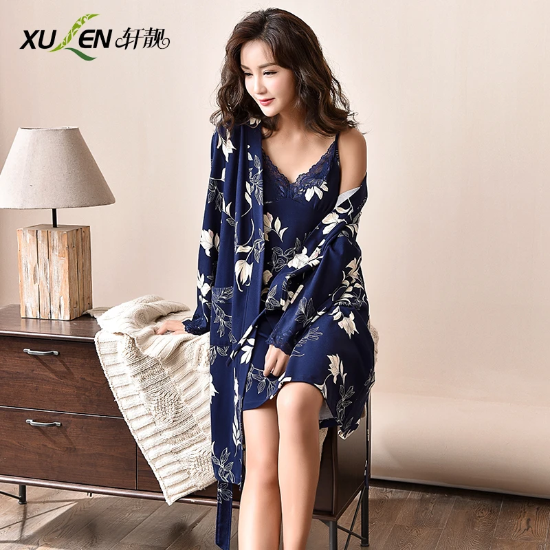 

Women cotton robes sexy sleepwear spring sleep and lounge lace bathrobe night wear skirt dressing gown sets