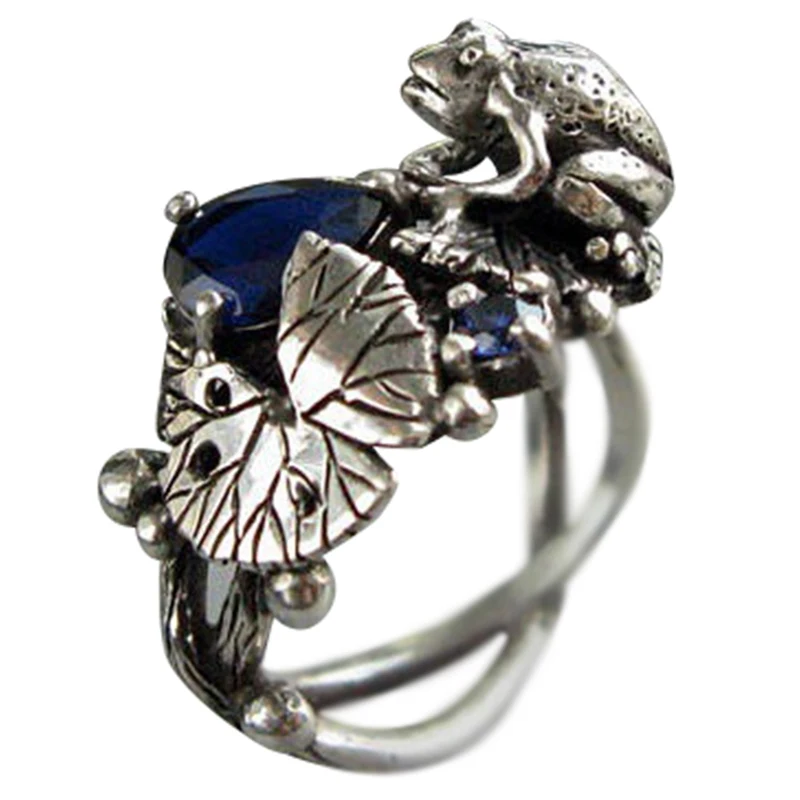 

Women Vintage Jewelry Punk Rhinestone Inlaid Gift Lotus Frog Hollow Ring Band