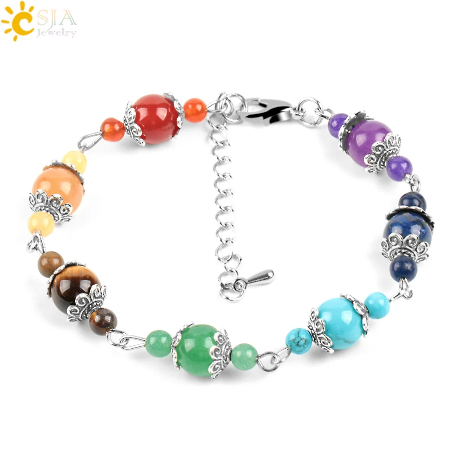 

CSJA 8mm Natural 7 Chakra Women Bracelets Gem Stone Beads Rainbow Flower Charms Lobster Clasp Link Chain Meditation Jewelry E449