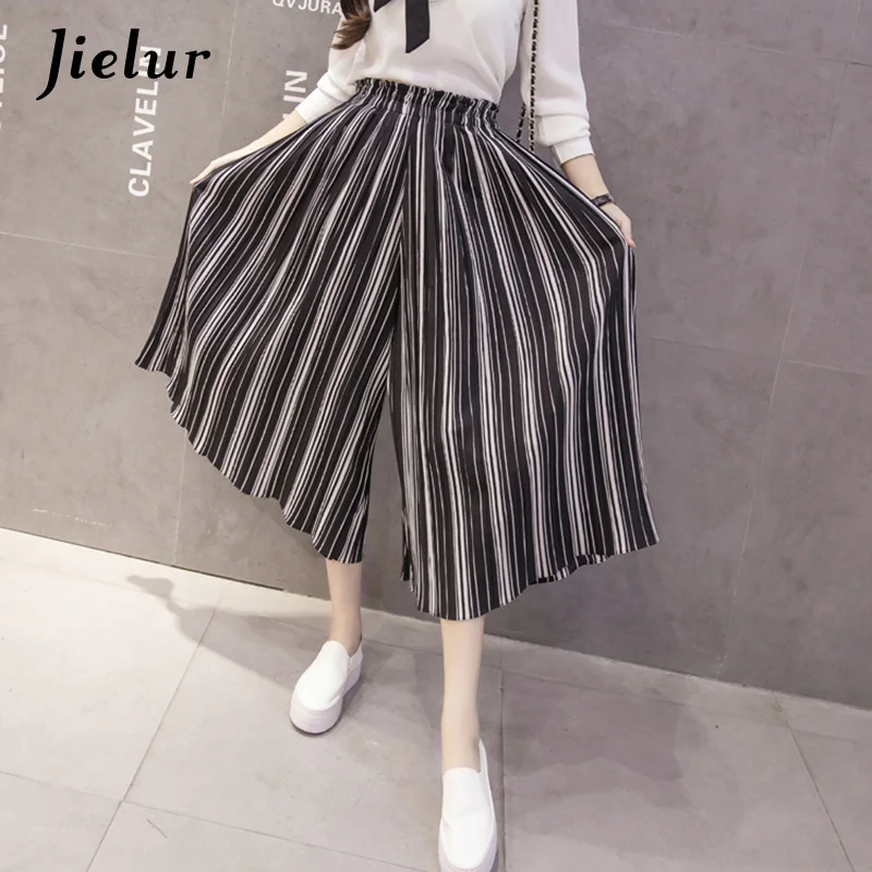 Jielur Fashion Beach Stripe Pleated Chiffon Pants Summer Chic S-XL Ankle-Length Wide Leg Pants Women Loose Lady Pantalon Femme Pants