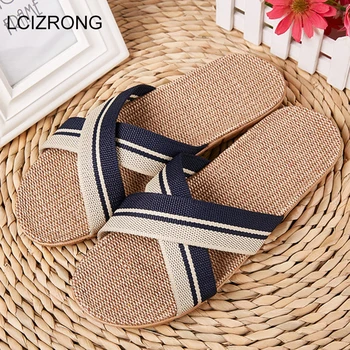 

LCIZRONG New Linen Beach Slippers Men 35-45 Large Size Home Shoes Flip Flops Man Indoor Bathroom Slides Unisex Family Slippers