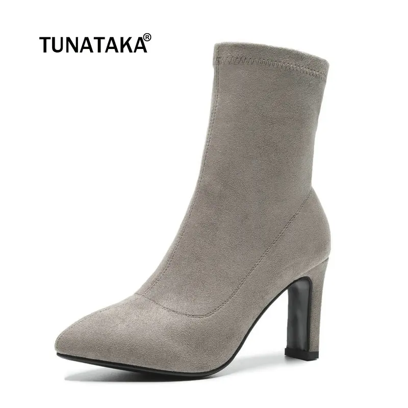 

Women Suede Thin High Heel Ankle Boots Fashion Zipper Boots Ladies Fall Winter Pointed Toe Booties Black Gray