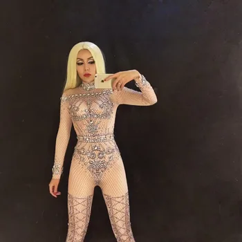 

Sexy Stage Bodysuit Full Sparkling Crystals Stones Jumpsuit Christmas Celebrate Nightclub Performance Party Wear Women outfit