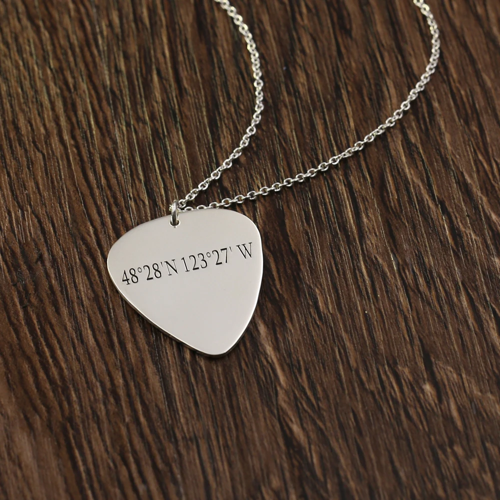 Engraving Longitude Latitude Guitar Pick Pendent Necklace Stamped