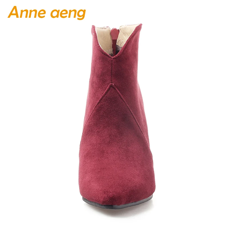 Осенне-зимние женские ботинки ботильоны на высоком тонком каблуке элегантные офисные платья на молнии Женская обувь теплые ботинки красного вина Большие размеры 33-46