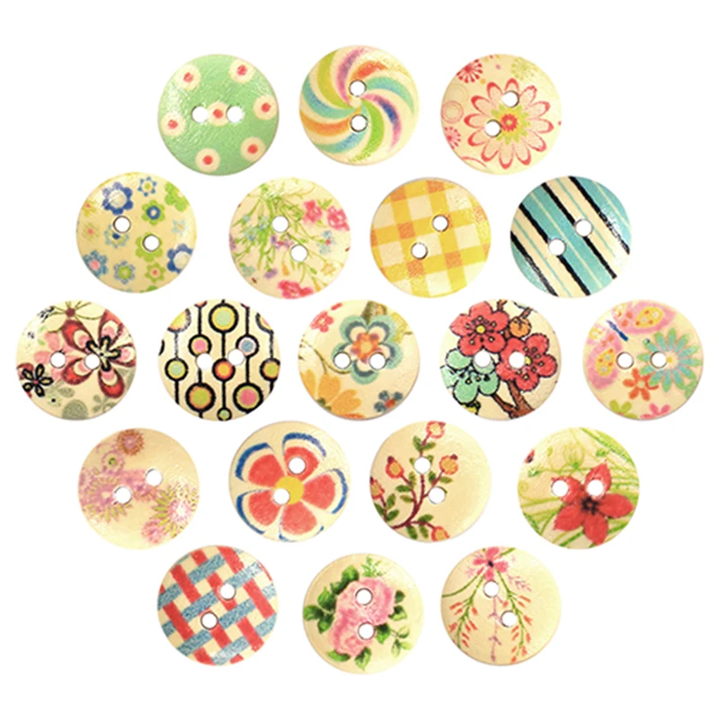 100pcs Mixed Color Pattern Wooden Sewing Buttons Unique Designs Wood