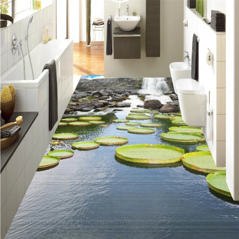 

beibehang Large custom floor waterfall water surface lotus leaf lotus pond 3D floor three - dimensional decorative painting