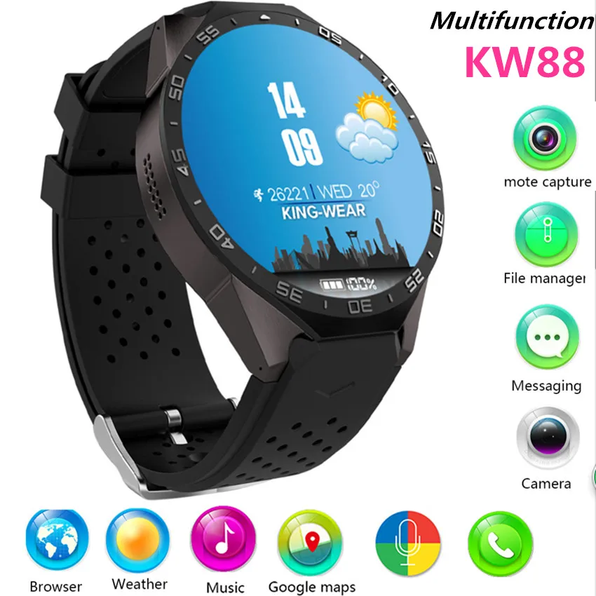 

New KW88 Smart Watch 1.39 Inch MTK6580 Quad Core 1.3GHZ Android 5.1 3G Smart Watch 400mAh 2.0 Mega Pixel Heart Rate Monitor 33