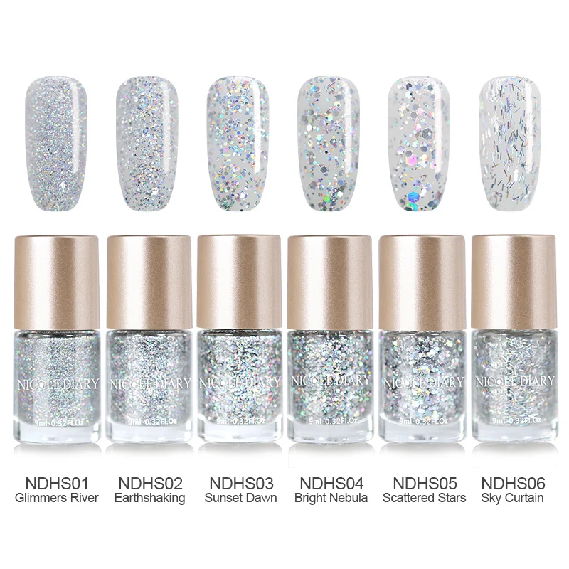 Coupon Price for  NICOLE DIARY 9ml Oil Based Holographic Silver Holo Glitter Nail Polish Varnish 6 Colors Nail Art La