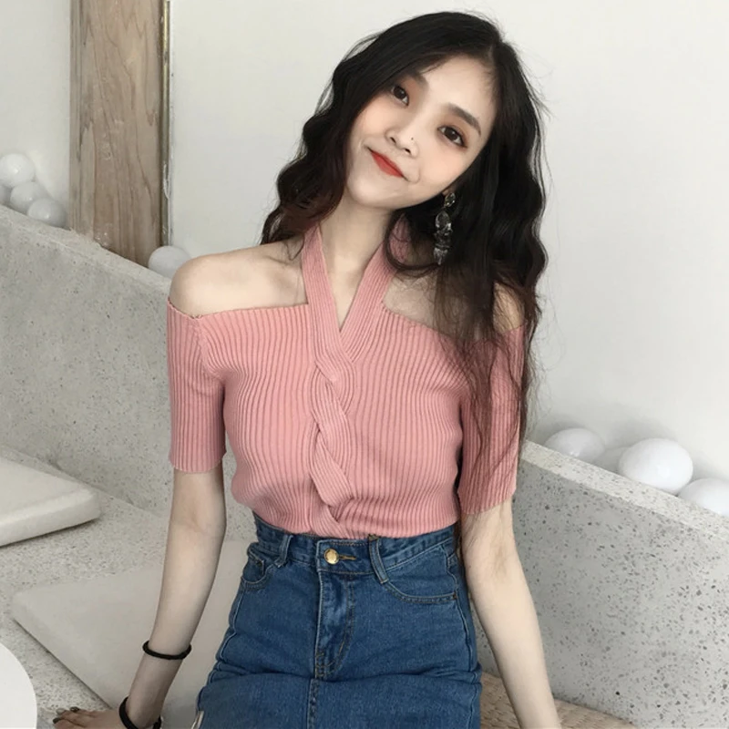 

Elegant Pink Pull Femme Summer Sweater Women Clothes 2019 Spring Korean Casual Slim Vintage Off Shoulder Sweater Knitted Top 321