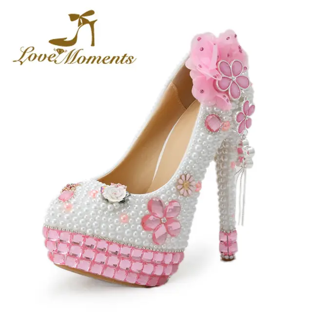 Love Moments Shoes Woman Pink High Heels Bling Rhinestone And Pearls Love Moments Shoes Woman Pink High Heels Bling Rhinestone And Pearls Wedding Bridal Las