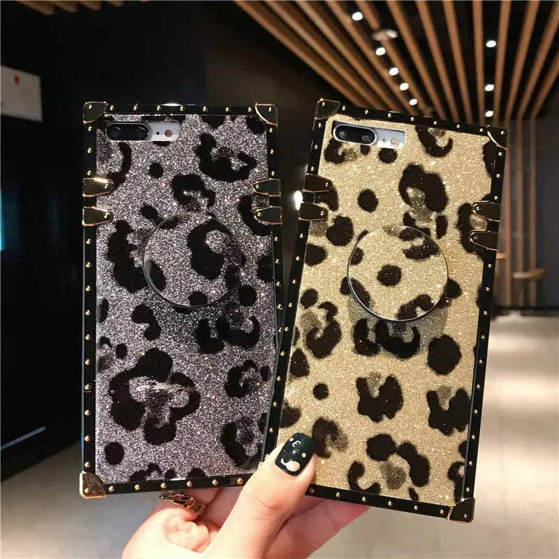 

Luxury Square Leopard Shell For iPhone 6s Plus 7 8 plus Case Airbag stand dropglue Drop-proof Cover For iPhone X XS MAS XR Case