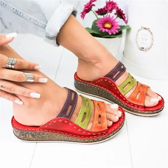 

HEFLASHOR Chic Summer Women Lady Fashion Five Color Stitching Color Casual Low Wedge Heel Beach Open Toe Sandals Slippers Shoes