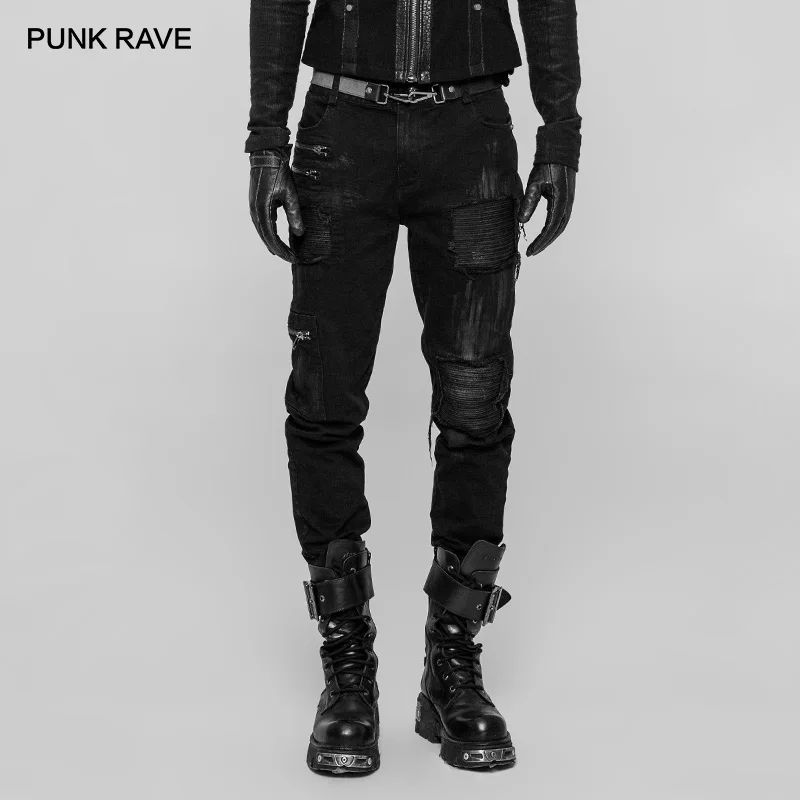 Панк рейв мужские готические декадент черные Саржевые брюки с отстрочкой нашивки и молнии особенности панк рок мужские брюки уличная одежда - Цвет: Black WK-339M