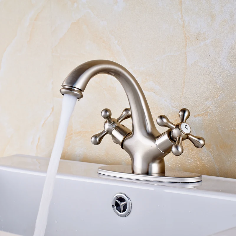 

Wash Basin Sink Hot Cold Water Taps with Hole Cover Plate Nickel Brushed Water Faucet