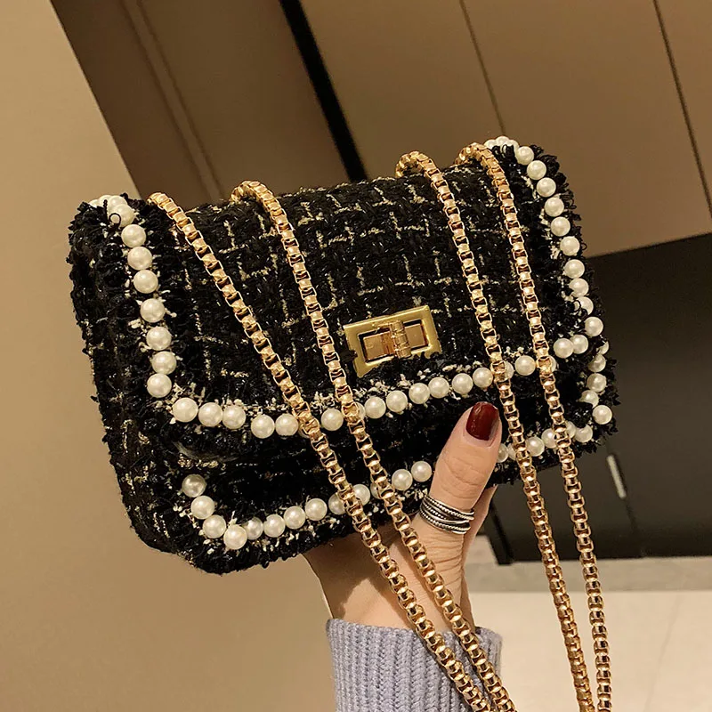 

MOFFT Women Messenger Bags Fashion Pearl Bags Metal Gold Long Chain Luxury Gril Friend Gift Beautful Package Small Square Bags